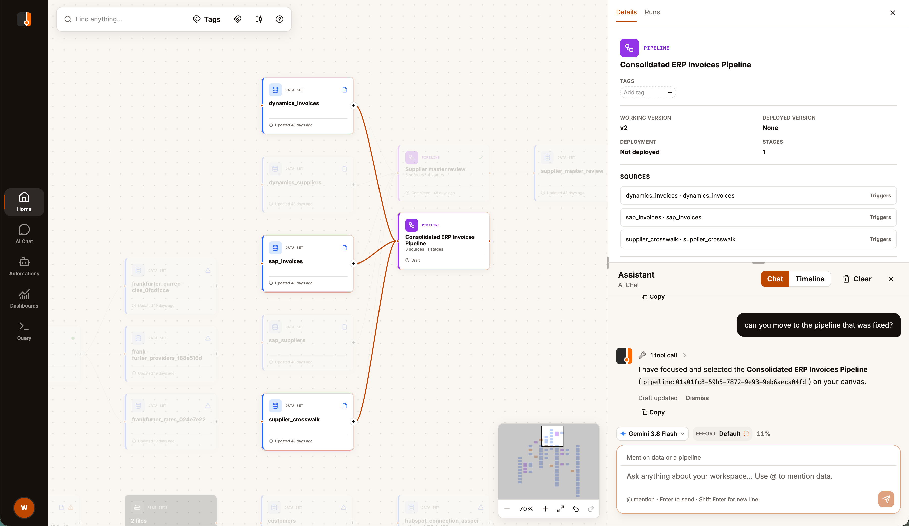 Assistant selecting the Consolidated ERP Invoices Pipeline on Home, highlighting its three source datasets and opening its details pane