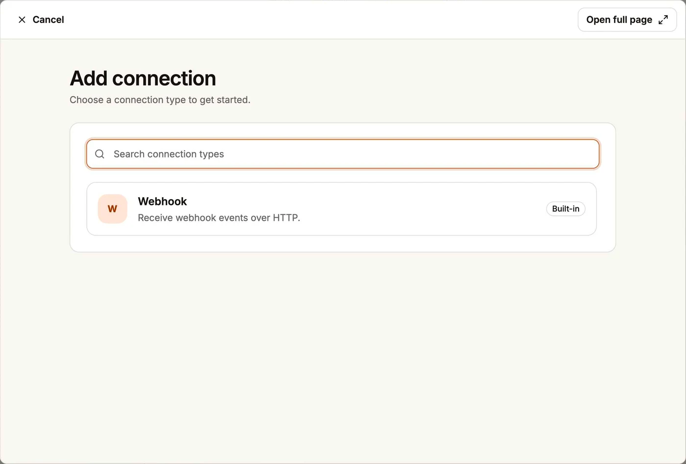 The New Connection dialog listing seven system types: PostgreSQL, Webhook, HTTP Feed, File Upload, MS Dynamics 365 BC, SAP Business One and Server-Sent Events
