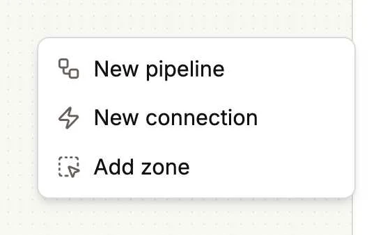 The Beetl canvas right-click menu, showing New pipeline, New connection and Add zone